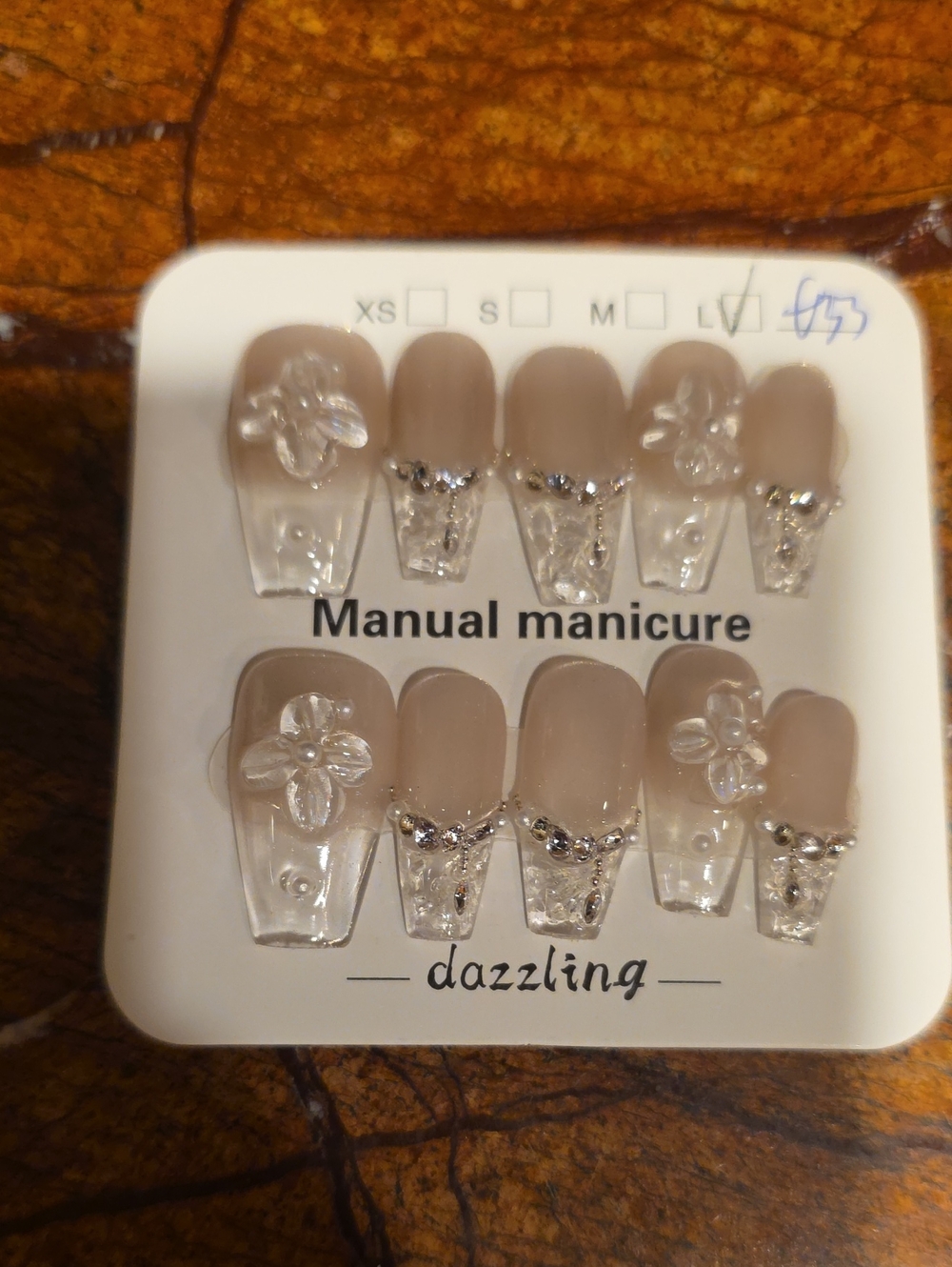 Dazzling Nude 3D Flower Press-On Nail Set Size Large